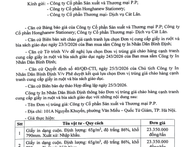 Thông báo V/v trúng giá chào hàng cạnh tranh cung cấp giấy in ruột và bìa sách giáo dục ngày 25/3/2026