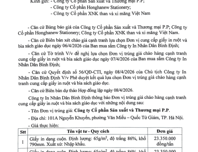 Thông báo V/v trúng giá chào hàng cạnh tranh cung cấp giấy in ruột và bìa sách giáo dục ngày 09/4/2026