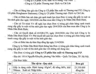 Thông báo V/v trúng giá chào hàng cạnh tranh cung cấp giấy in ruột và bìa sách giáo dục ngày 21/4/2026