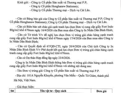 Thông báo V/v đơn vị trúng giá chào hàng cạnh tranh cung cấp giấy fort Indo 80g/m2 khổ 67cm ngày 27/4/2026
