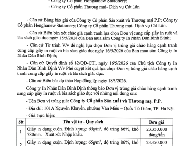 Thông báo V/v trúng giá chào hàng cạnh tranh cung cấp giấy in ruột và bìa sách giáo dục ngày 18/5/2026