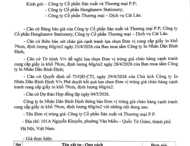 Thông báo V/v đơn vị trúng giá chào hàng cạnh tranh cung cấp giấy in khổ 79cm, đinh lượng 60g/m2 ngày 04/5/2026