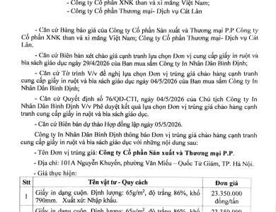 Thông báo V/v trúng giá chào hàng cạnh tranh cung cấp giấy in ruột và bìa sách giáo dục ngày 05/5/2026