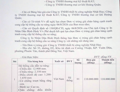 Thông báo V/v trúng giá chào hàng cạnh tranh cung cấp hệ thống cầu dẫn xe nâng ngày 07/8/2026