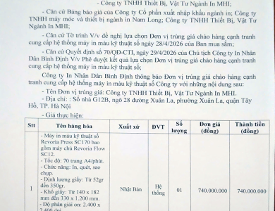 Thông báo V/v trúng giá chào hàng cạnh tranh cung cấp hệ thống máy in kỹ thuật số ngày 05/5/2026