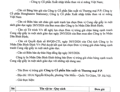 Thông báo V/v trúng giá chào hàng cạnh tranh cung cấp giấy in ruột và bìa sách giáo dục ngày 30/5/2026