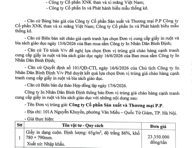 Thông báo V/v trúng giá chào hàng cạnh tranh cung cấp giấy in ruột và bìa sách giáo dục ngày 17/6/2026