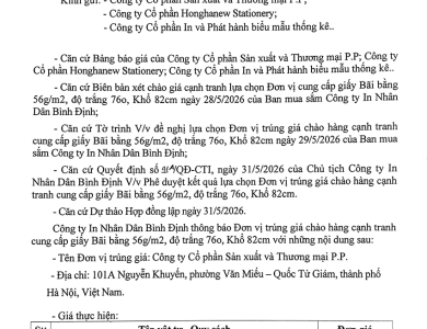 Thông báo V/v đơn vị trúng giá chào hàng cạnh tranh cung cấp giấy Bãi bằng 56g/m2, độ trăng 76o, khổ 82cm ngày 01/6/2026