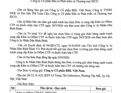 Thông báo V/v trúng giá chào hàng cạnh tranh cung cấp kẽm in offset CTP và thuốc hiện bản CTP ngày 02/6/2026