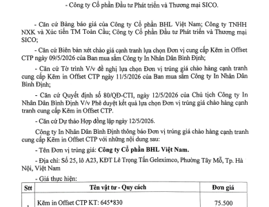 Thông báo V/v trúng giá chào hàng cạnh tranh cung cấp kẽm in offset CTP ngày 13/5/2026