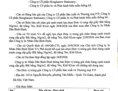 Thông báo V/v đơn vị trúng giá chào hàng cạnh tranh cung cấp giấy Bãi bằng 56g/m2, độ trăng 76o, khổ 82cm ngày 24/8/2026