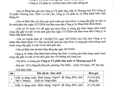 Thông báo V/v trúng giá chào hàng cạnh tranh cung cấp giấy in ruột và bìa sách giáo dục ngày 28/7/2026