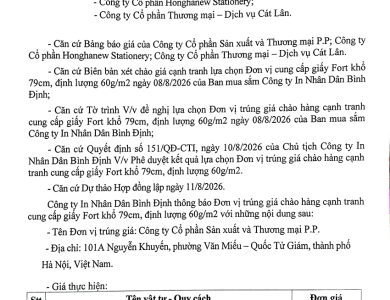 Thông báo V/v đơn vị trúng giá chào hàng cạnh tranh cung cấp giấy fort khổ 79cm, định lượng 60g/m2 ngày 11/8/2026