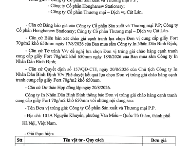 Thông báo V/v đơn vị trúng giá chào hàng cạnh tranh cung cấp giấy fort định lượng 70g/m2 khổ 65cm, ngày 20/8/2026