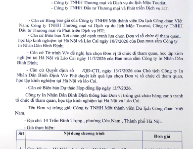 Thông báo V/v trúng giá chào hàng cạnh tranh tổ chức đi tham quan, học tập kinh nghiệm tại Hà nội và Lào Cai ngày 14/7/2026