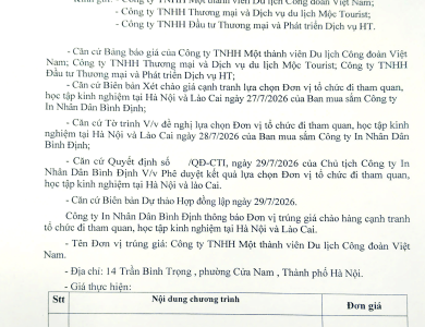 Thông báo V/v trúng giá chào hàng cạnh tranh tổ chức đi tham quan, học tập kinh nghiệm tại Hà nội và Lào Cai ngày 29/7/2026