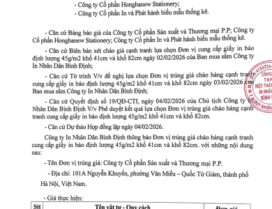 Thông báo V/v đơn vị trúng giá chào hàng cạnh tranh cung cấp giấy fort 60g/m2 khổ 41, khổ 82 ngày 06/02/2026
