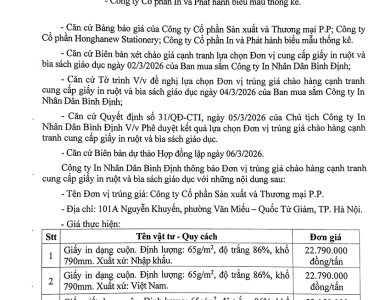 Thông báo V/v trúng giá chào hàng cạnh tranh cung cấp giấy in ruột và bìa sách giáo dục ngày 06/3/2026