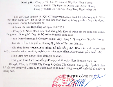 Thông báo V/v trúng giá thi công xây dựng, hạng mục đường bê tông nội bộ ngày 02/8/2025