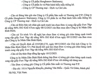 Thông báo V/v trúng giá chào hàng cạnh tranh cung cấp giấy Fort 70gr cuộn ngày 10/12/2025