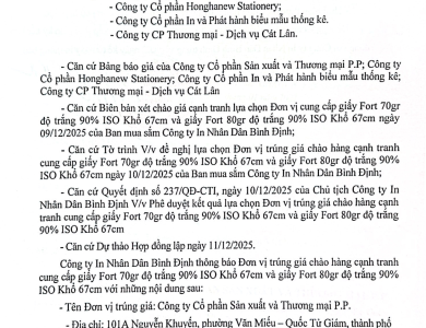 Thông báo V/v trúng giá chào hàng cạnh tranh cung cấp giấy Fort 70gr cuộn ngày 11/12/2025
