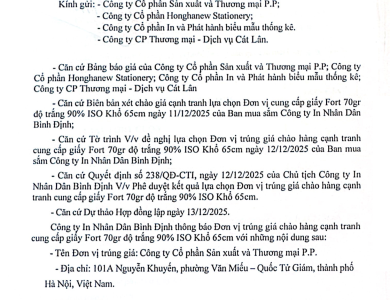 Thông báo V/v trúng giá chào hàng cạnh tranh cung cấp giấy Fort 70gr cuộn ngày 13/12/2025