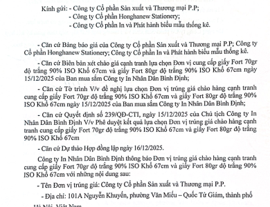 Thông báo V/v trúng giá chào hàng cạnh tranh cung cấp giấy Fort 70gr khổ 67 cuộn ngày 16/12/2025
