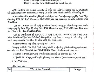 Thông báo V/v trúng giá chào hàng cạnh tranh cung cấp giấy Fort 70gr cuộn ngày 02/12/2025