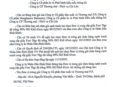 Thông báo V/v trúng giá chào hàng cạnh tranh cung cấp giấy Fort 70gr khổ 65 cuộn ngày 13/12/2025