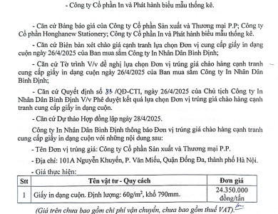 Thông báo về việc trúng giá chào hàng cạnh tranh cung cấp giấy in dạng cuộn 28/4/2025