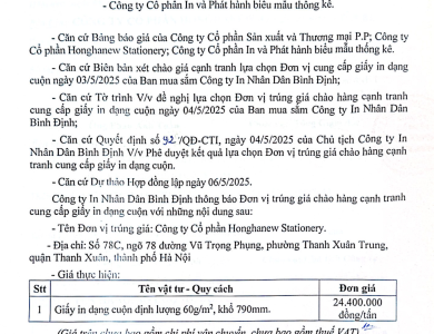 Thông báo V/v trúng giá chào hàng cạnh tranh cung cấp giấy in dạng cuộn ngày 07/5/2025