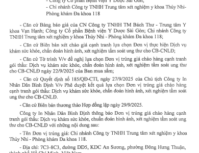Thông báo V/v trúng giá chào hàng cạnh tranh gói thầu: Dịch vụ khám sức khỏe, chẩn đoán hình ảnh, xét nghiệm tầm soát ung thư cho CB-CNLĐ ngày 29/9/2025