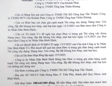 Thông báo V/v trúng giá chào hàng cạnh tranh thi công xây dựng, hạng mục thi công lắp đặt khung kèo thép, mái bạt kéo ngày 15/05/2025