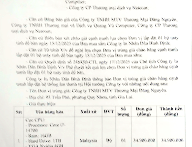 Thông báo V/v trúng giá chào hàng cạnh tranh lắp đặt 01 bộ máy tính để bàn ngày 19/12/2025