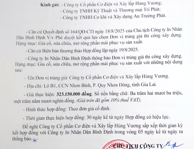 Thông báo V/v trúng giá thi công xây dựng, hạng mục gia cố, sửa chữa, mở rộng phần mái phục vụ sản xuất ngày 19/8/2025