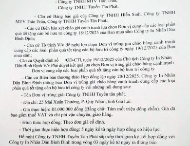 Thông báo V/v trúng giá chào hàng cạnh tranh cung cấp phần quà tết tặng cán bộ hưu trí ngày 20/12/2025
