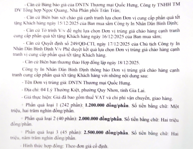 Thông báo V/v trúng giá chào hàng cạnh tranh cung cấp phần quà tết tặng khách hàng ngày 18/12/2025