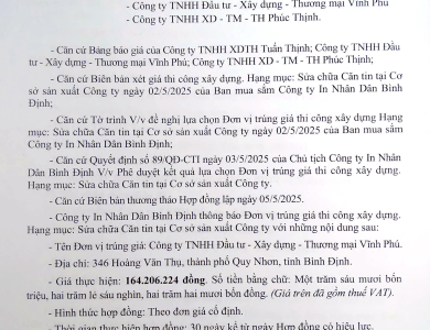 Thông báo V/v trúng giá thi công xây dựng hạng mục sửa chữa căn tin tại cơ sở sản xuất Công ty ngày 05/05/2024