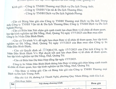 Thông báo V/v trúng giá chào hàng cạnh tranh tổ chức đi tham quan, học tập kinh nghiệm tại Đà nẵng, Huế, Quảng Trị ngày 18/7/2025
