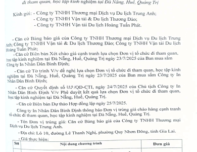 Thông báo V/v trúng giá chào hàng cạnh tranh tổ chức đi tham quan, học tập kinh nghiệm tại Đà nẵng, Huế, Quảng Trị ngày 25/7/2025
