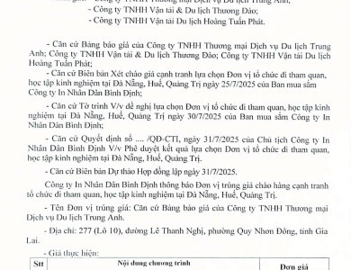 Thông báo V/v trúng giá chào hàng cạnh tranh tổ chức đi tham quan, học tập kinh nghiệm tại Đà nẵng, Huế, Quảng Trị ngày 31/7/2025