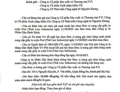 Thông báo đơn vị trúng giá chào hàng cạnh tranh cung cấp giấy in
