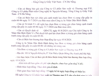 Thông báo đơn vị trúng giá chào hàng cạnh tranh cung cấp giấy in cuộn 