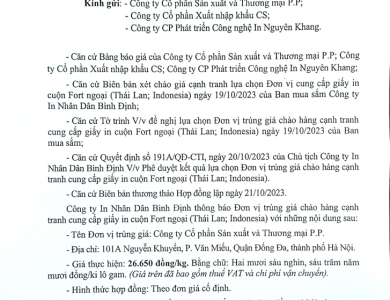 Thông báo đơn vị trúng giá chào hàng cạnh tranh cung cấp giấy in cuôn Fort ngoại