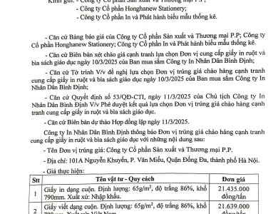 Thông báo đơn vị trúng giá chào hàng cạnh tranh cung cấp giấy in ruột và bìa sách giáo dục