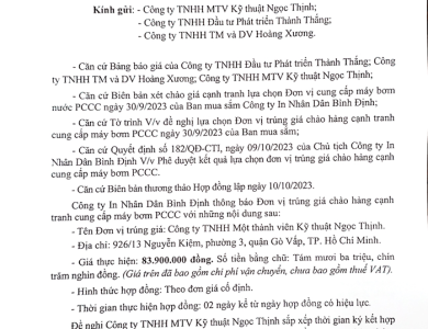 Thông báo đơn vị trúng giá chào hàng cạnh tranh cung cấp máy bơm nước PCCC