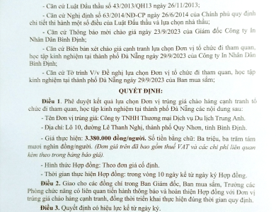 Thông báo đơn vị trúng giá chào hàng cạnh tranh đi tham quan đợt 2