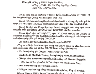 Thông báo trúng giá chào hàng cạnh tranh cung cấp phần quà tết tặng CB-CNV