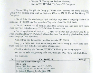 Thông báo: V/v trúng giá chào hàng cạnh tranh cung cấp Thiết bị tin học