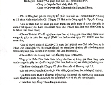 Thông báo đơn vị trúng giá chào hàng cung cấp giấy in cuôn Fort ngoại